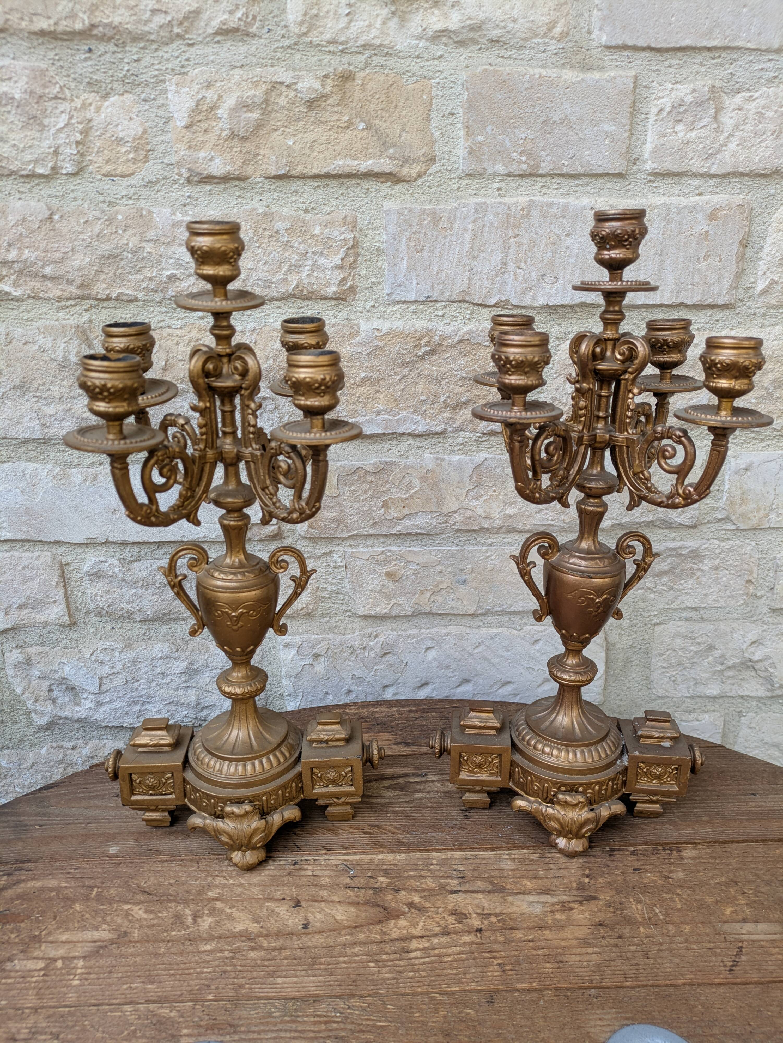 Pair of metal candelabra candle holders with 5 branches, 41cm