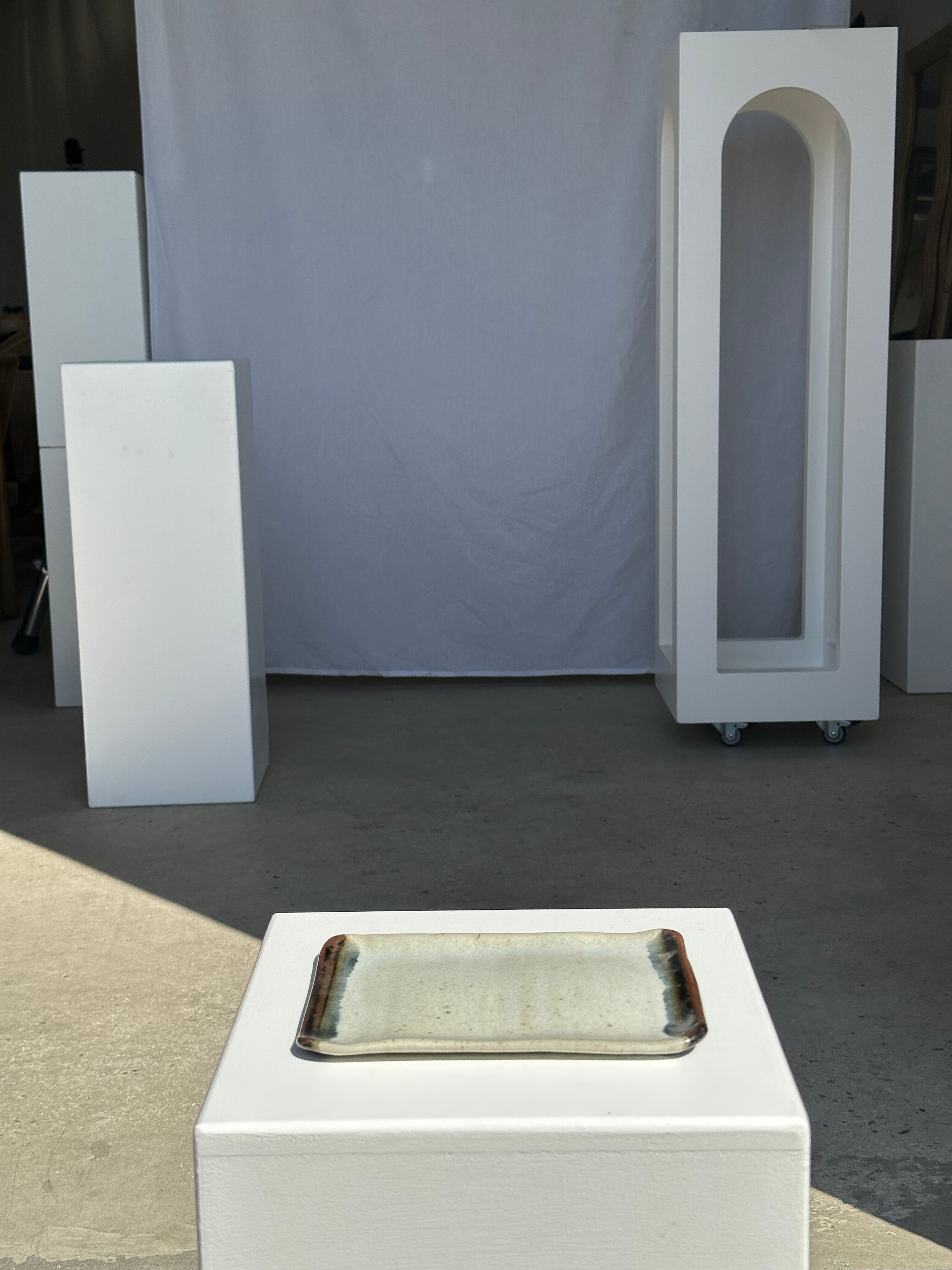 Trio of small rectangular serving dishes white and black Indonesian ceramic 21x16