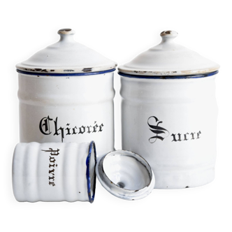Old kitchen pots in white enameled sheet metal - Sugar, chicory and pepper pots - 1940.