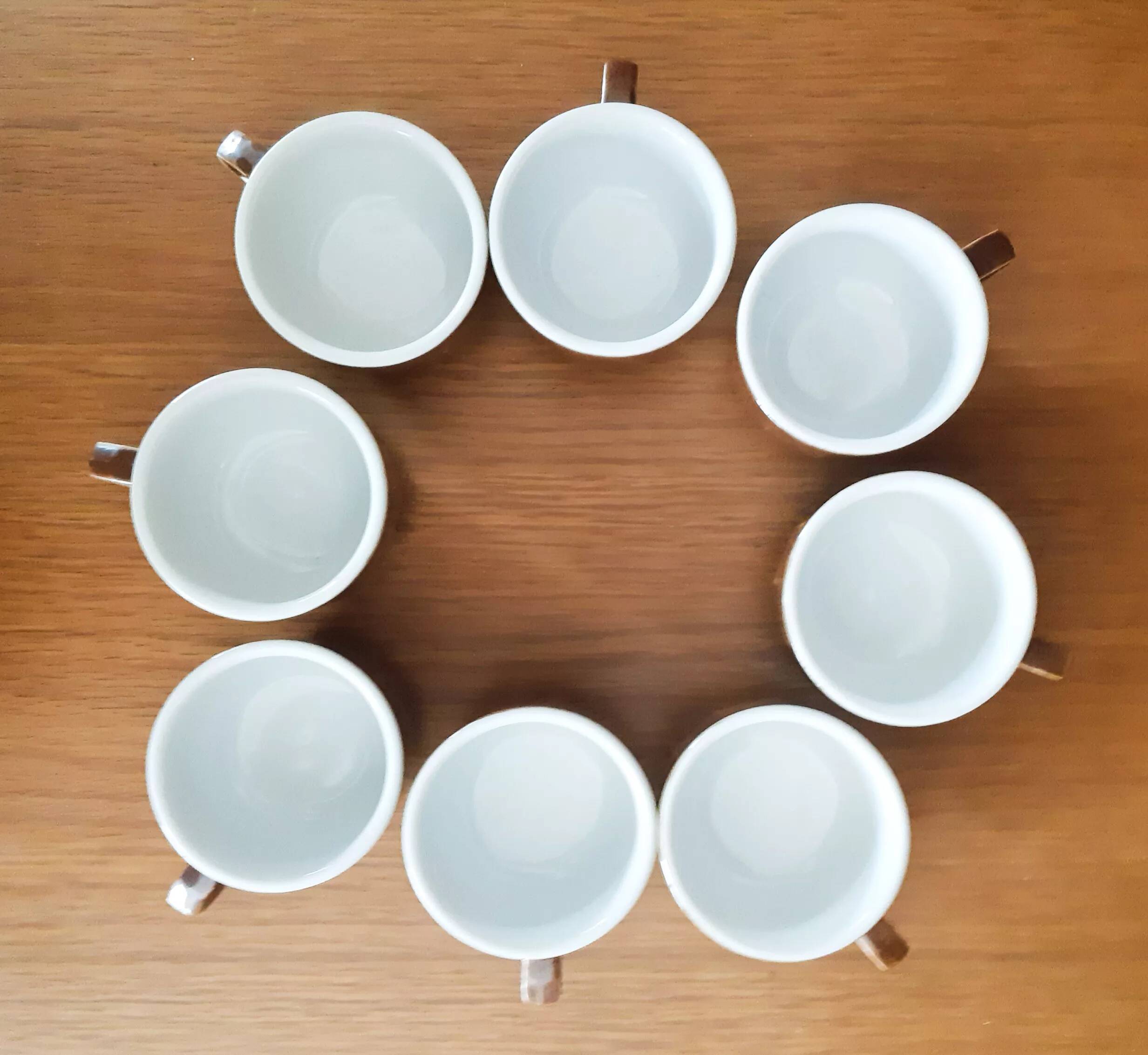 8 tasses à café de bistrot marron et blanche, en porcelaine, vintage