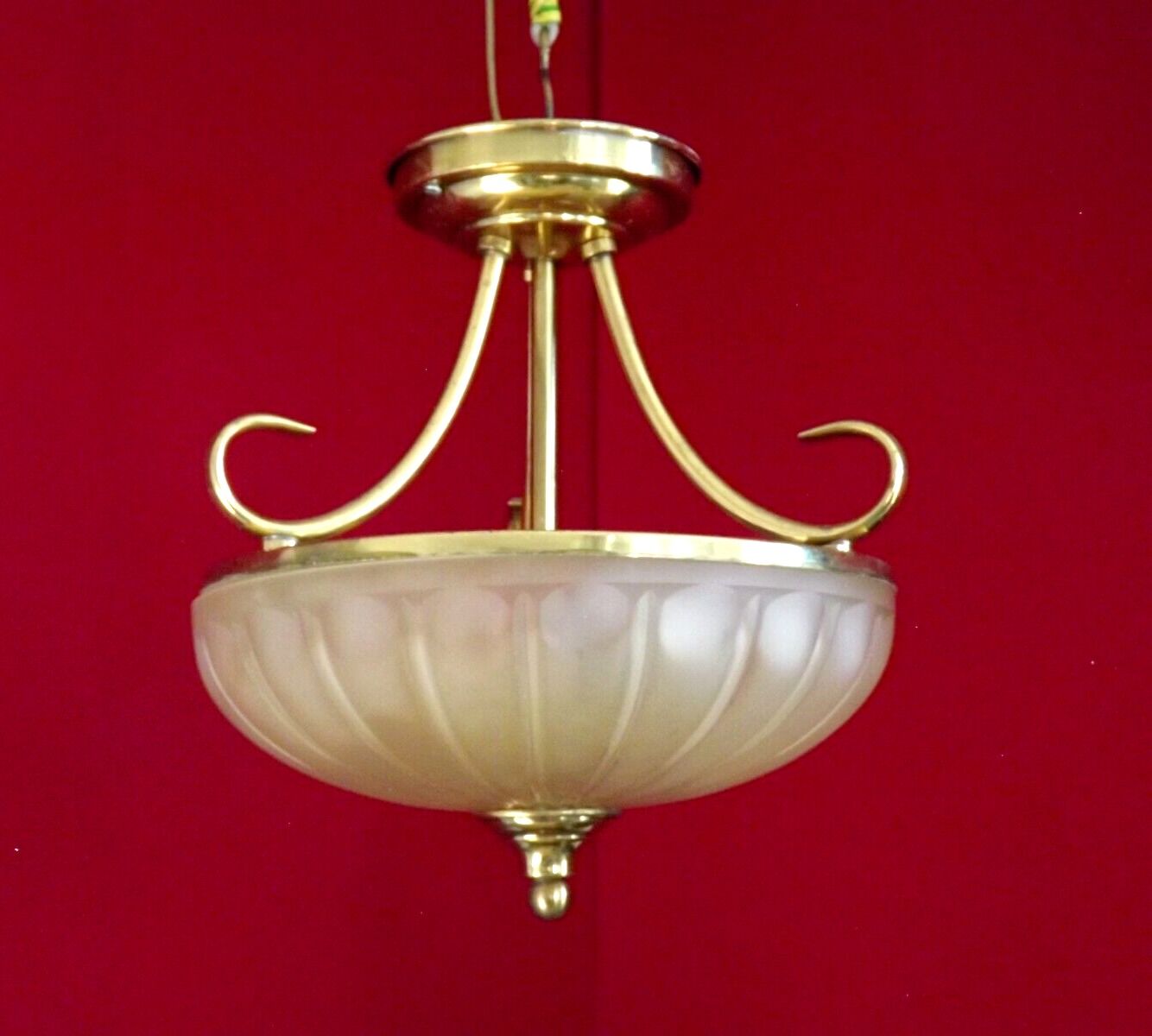 French mid century 3 bulb brass semi flush ceiling light opaque glass shade