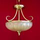 French mid century 3 bulb brass semi flush ceiling light opaque glass shade