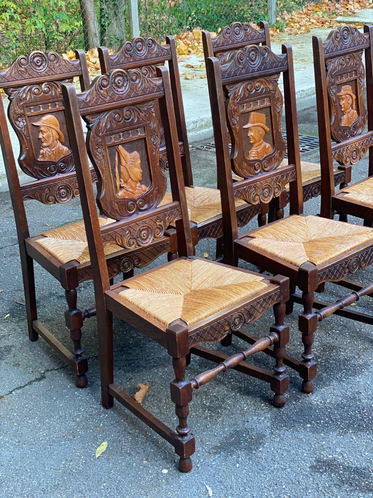 6 Henri II style solid wood straw-seated chairs