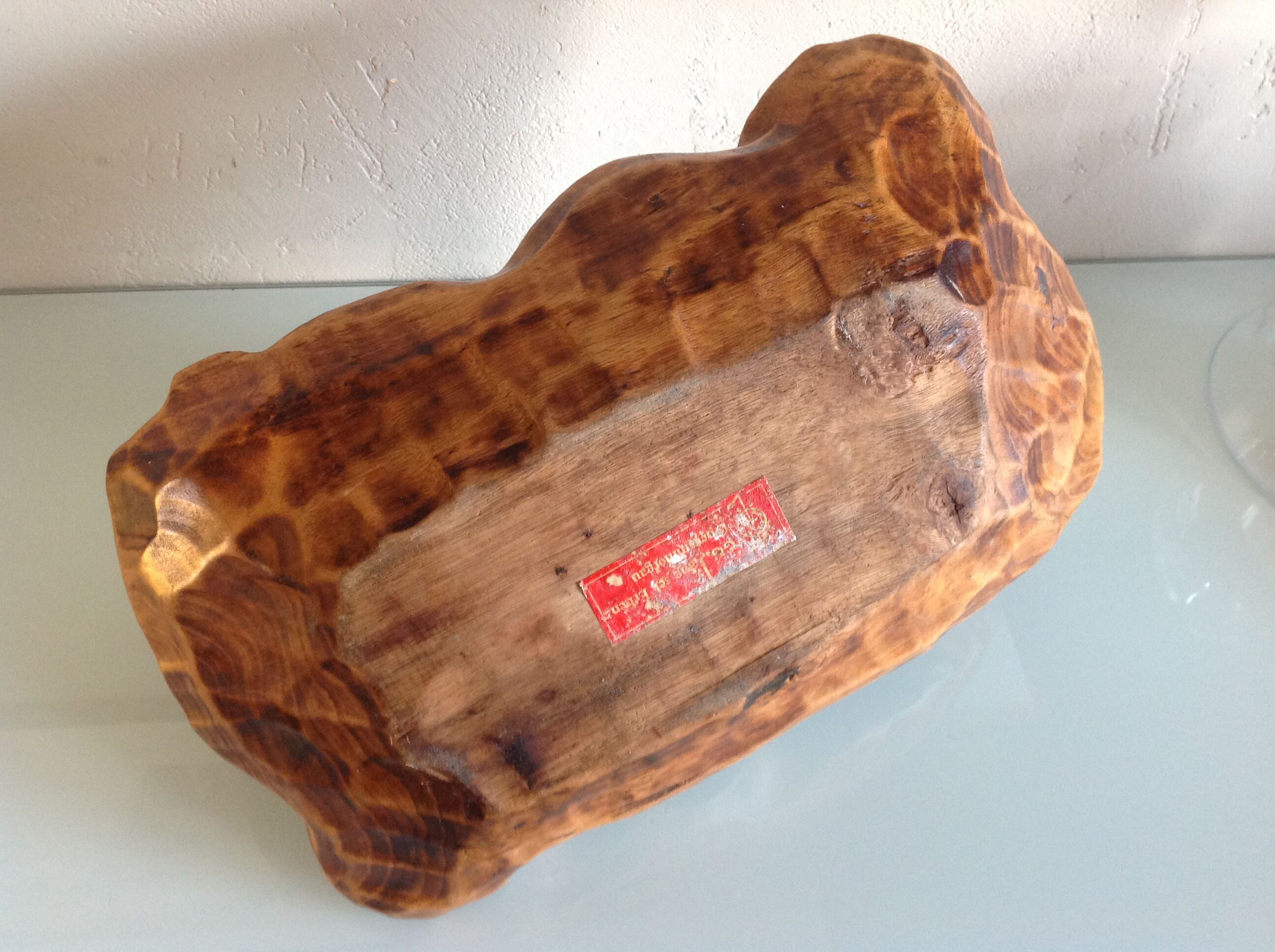 Brutalist carved wood fruit basket / vintage 60s-70s