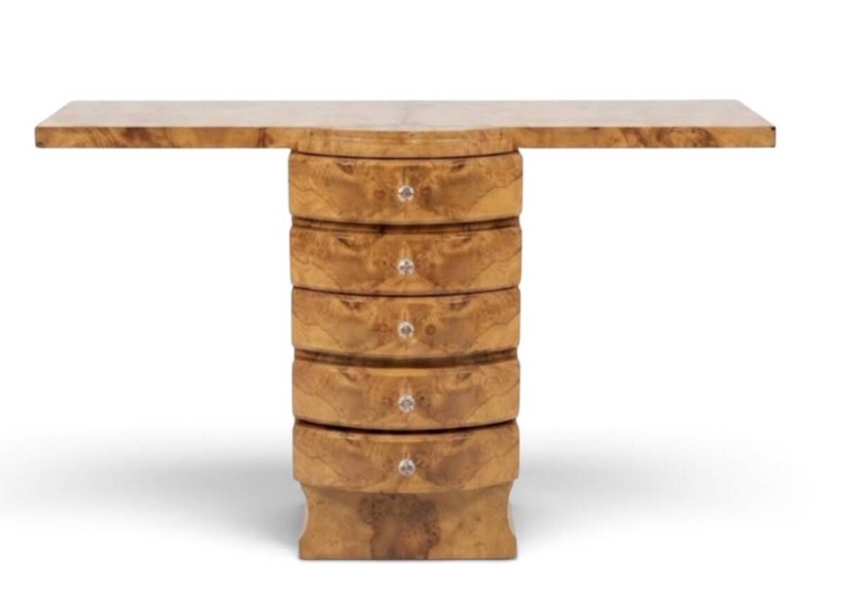 An Art Deco console made of beech wood with elm burl and 5 drawers.