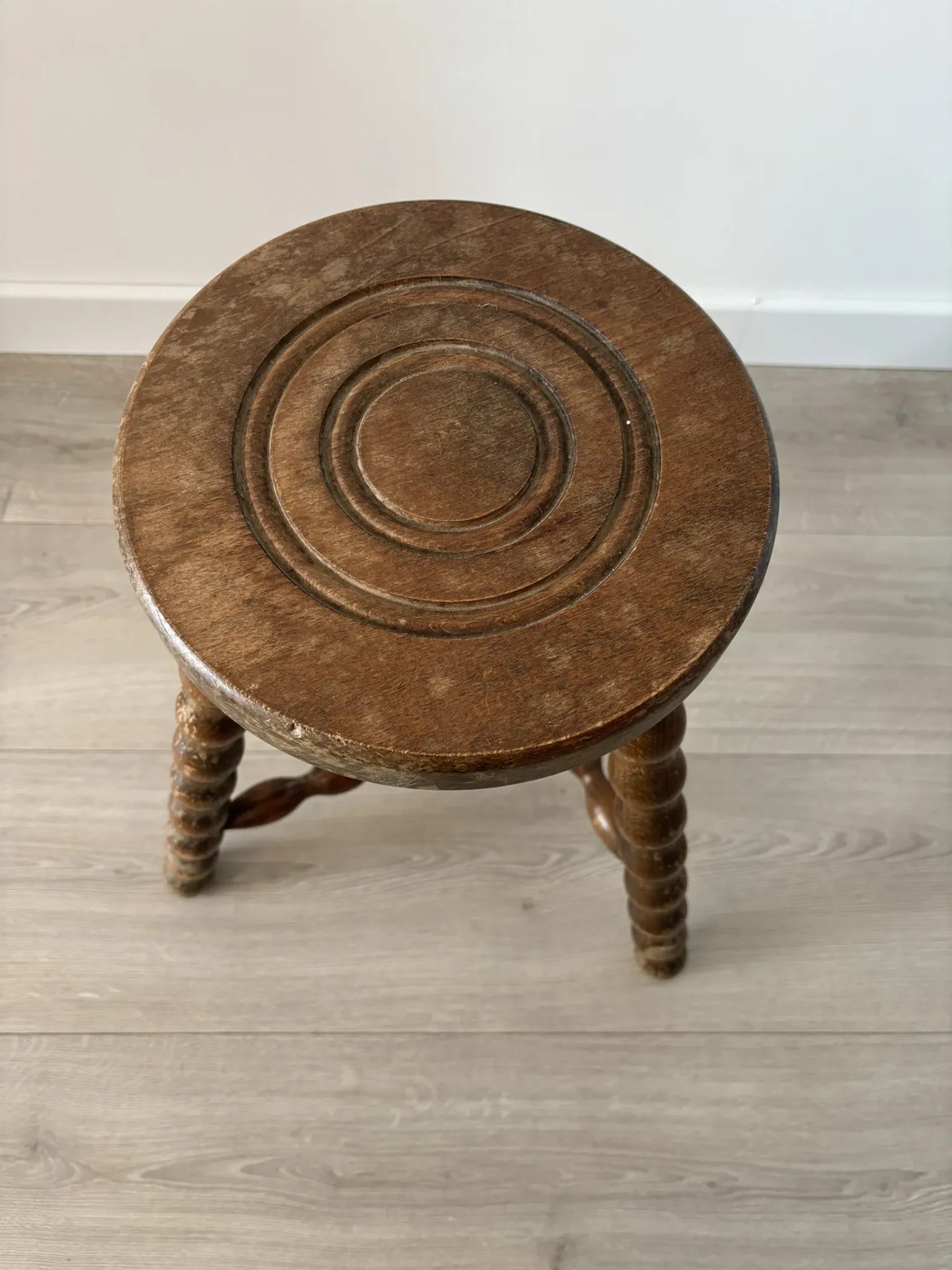 Antique tripod stool, solid wood, turned wood.