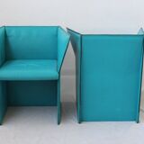 Set of Turquoise Leather Armchairs by Tito Agnoli, Italy, 1970s