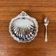 Silver-plated metal shell butter dish with blue insert, 1970