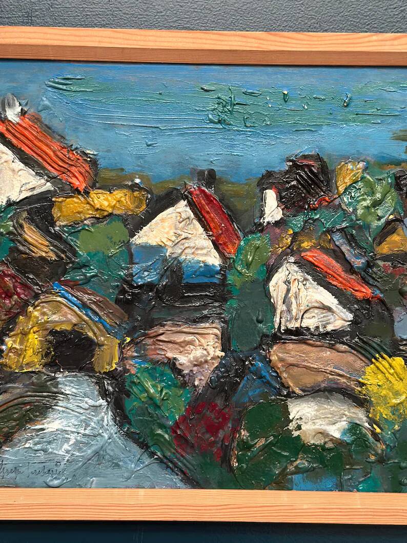 Original Swedish Oil on Panel – "Village Scene (Thick Impasto)" – Signed – Vintage and Framed
