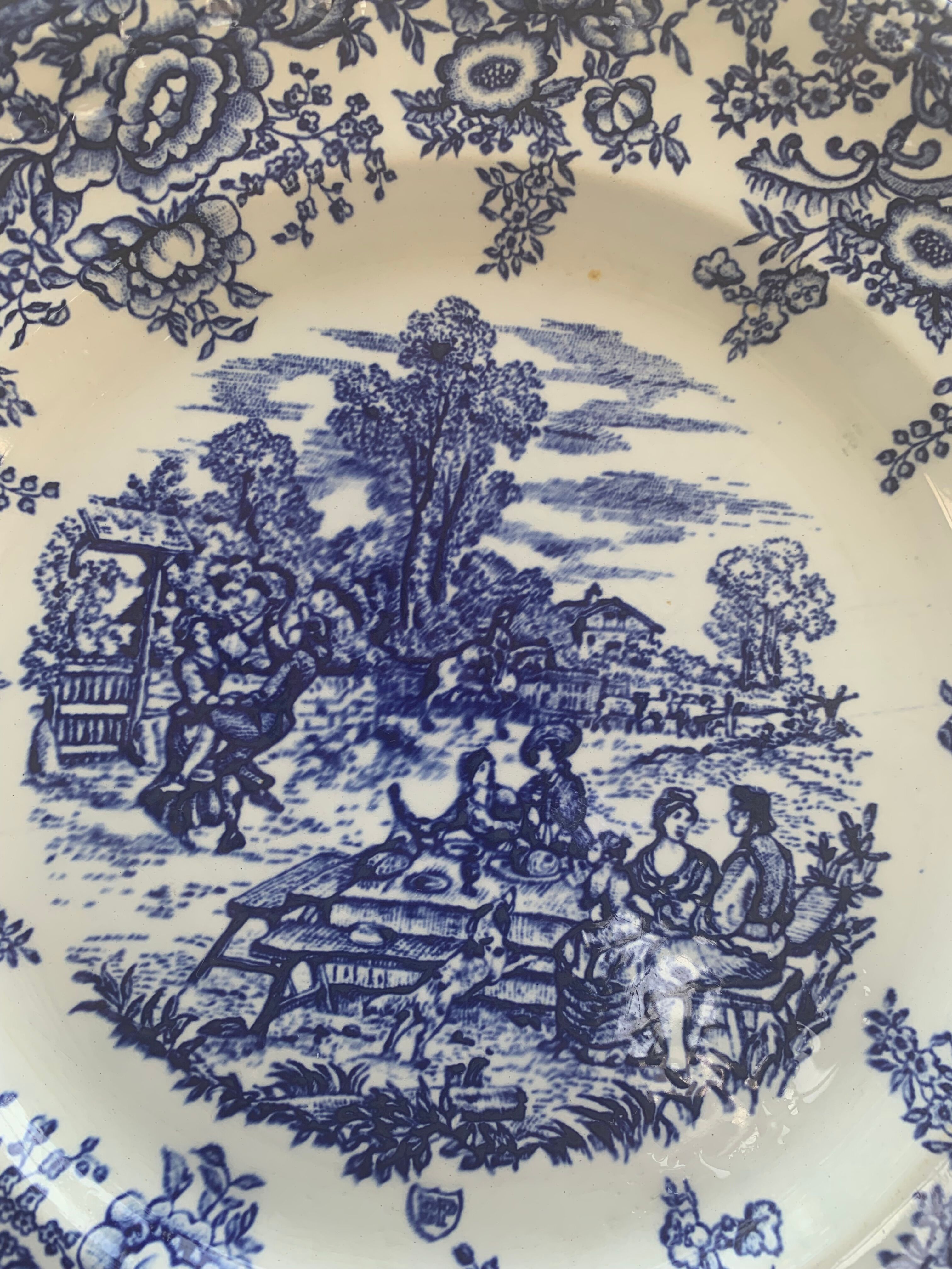 7 flat plates english pattern blue peasant scene vintage