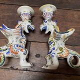 Earthenware griffon candlesticks Old Rouen