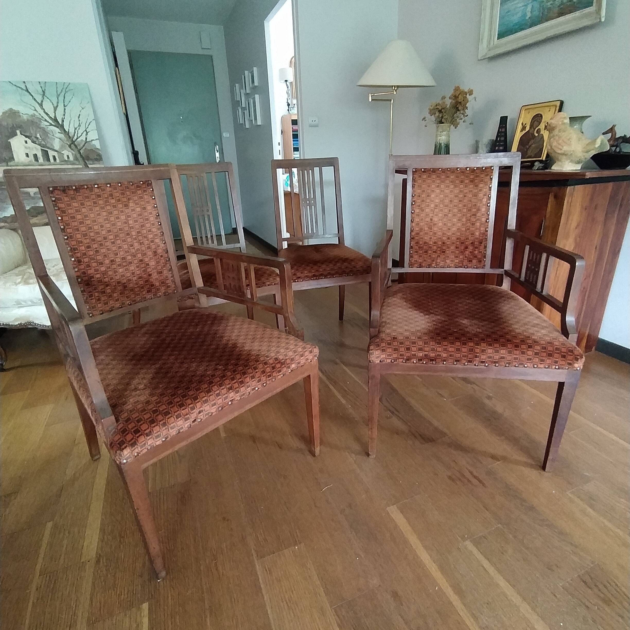 Ensemble Arts & Crafts 1900-1925 – 2 fauteuils et 2 chaises en bois massif