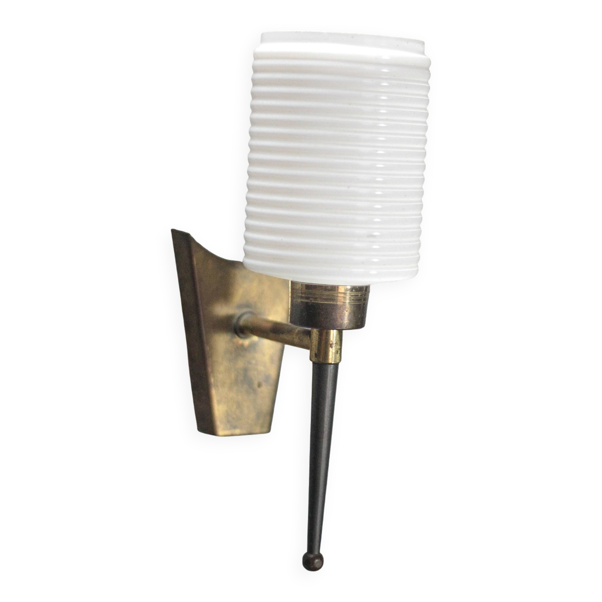 Brass wall light, black lacquered metal and white opal glass, 50s.