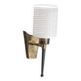 Brass wall light, black lacquered metal and white opal glass, 50s.