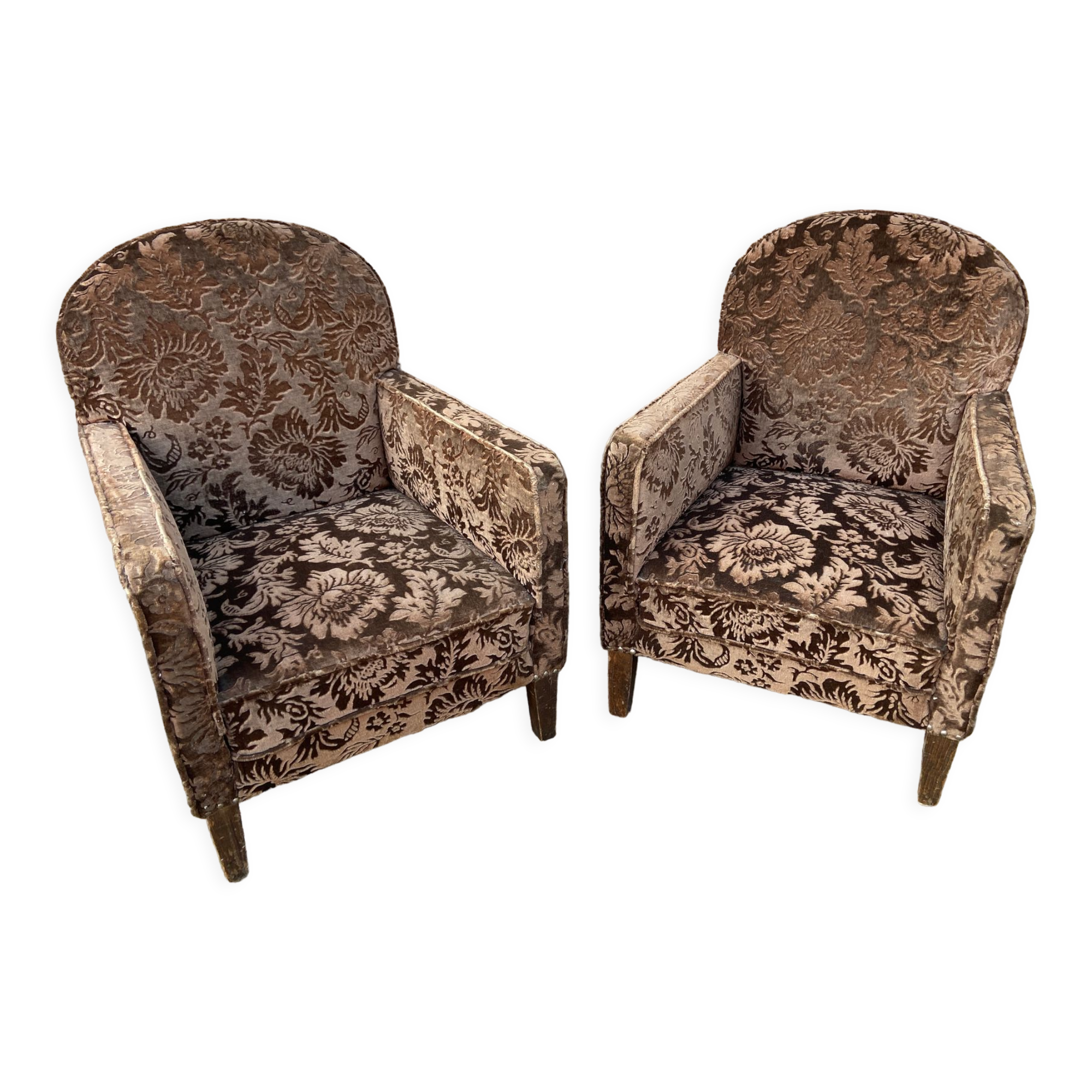 Pair of 1930 vintage art deco club armchairs in velvet