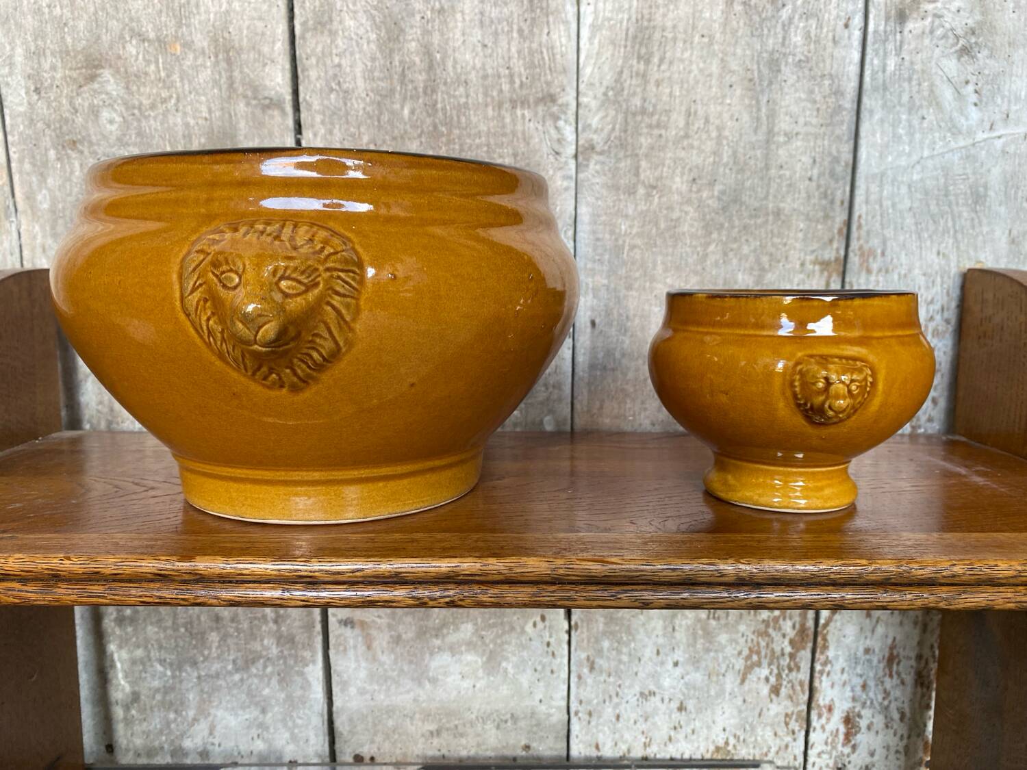 Antique Soup Tureen + 6 Onion Bowls Beige Ceramic Lion Head Vintage #B578