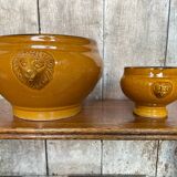 Antique Soup Tureen + 6 Onion Bowls Beige Ceramic Lion Head Vintage #B578