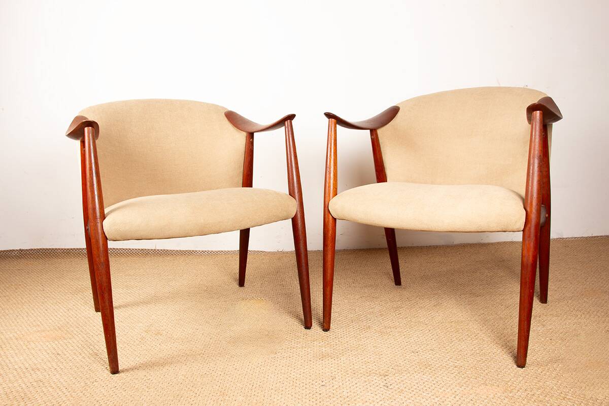 2 Scandinavian armchairs in teak and fabric, new Tyrol model, Gerhard Berg.