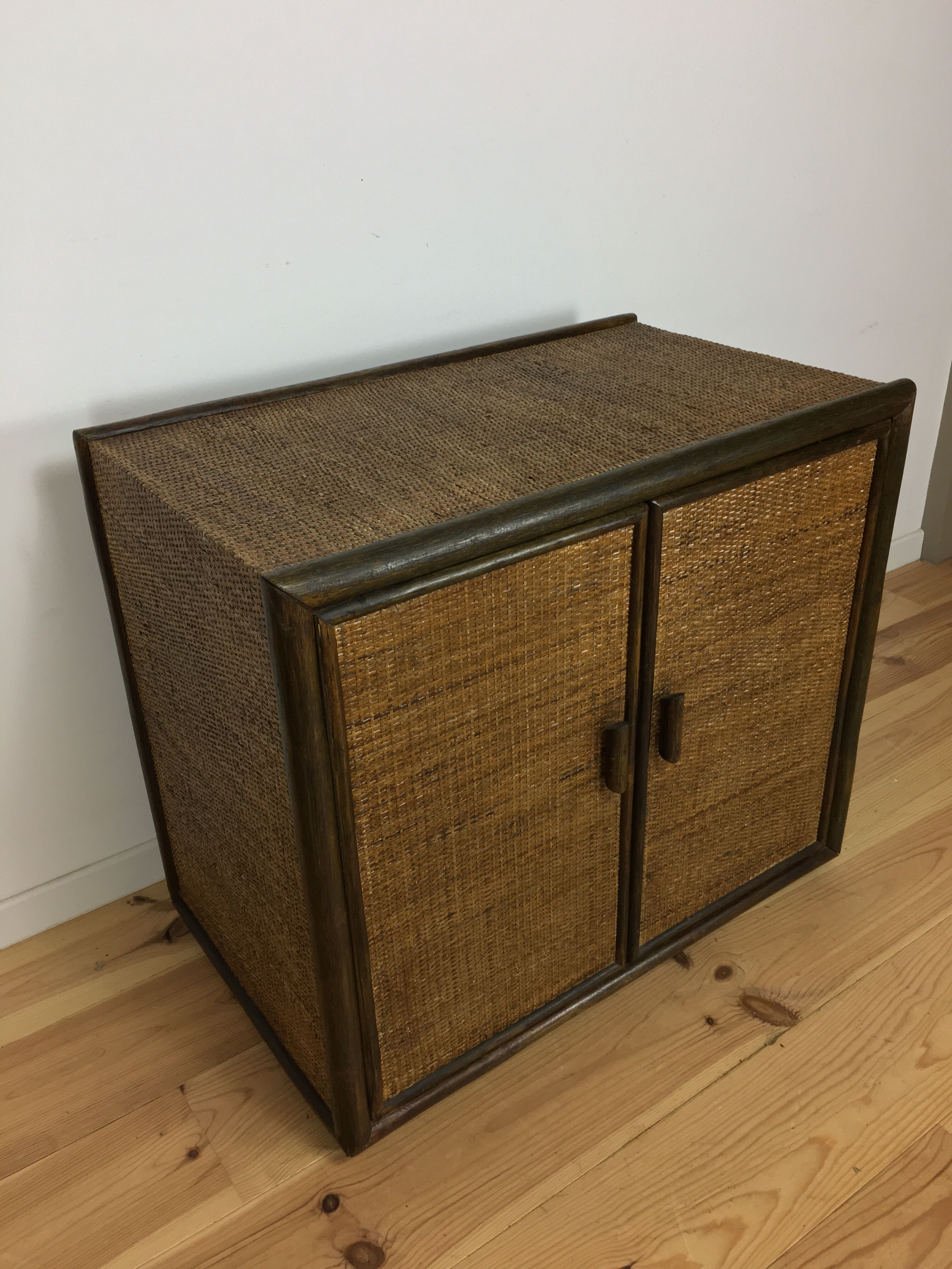 2-door woven rattan dresser, 70s