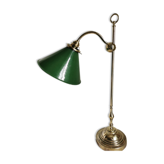 Old brass workshop lamp and enamelled tin blind