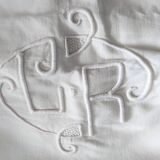 Large monogrammed old embroidered sheet of 235 cm x 330 cm material: linen and cotton