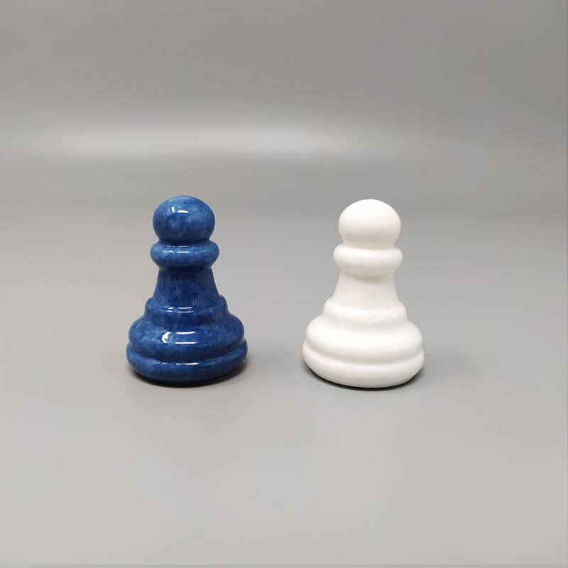 1970s Blue and White Chess Set in Volterra Alabaster Handmade. Made