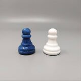 1970s Blue and White Chess Set in Volterra Alabaster Handmade. Made