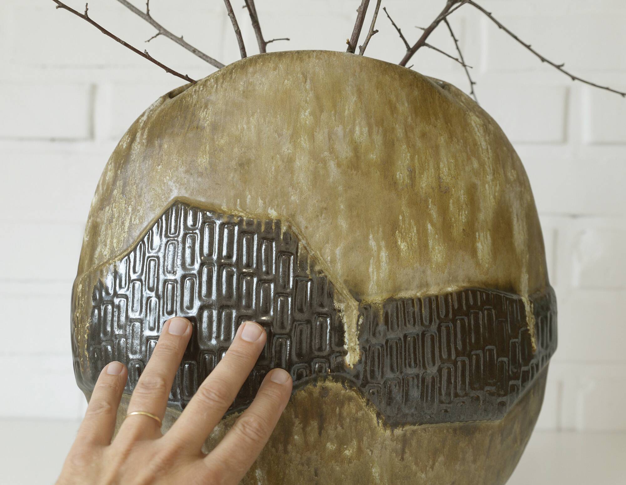 Vintage ceramic floor pampas grass vase brown fat lava pottery Germany 70's