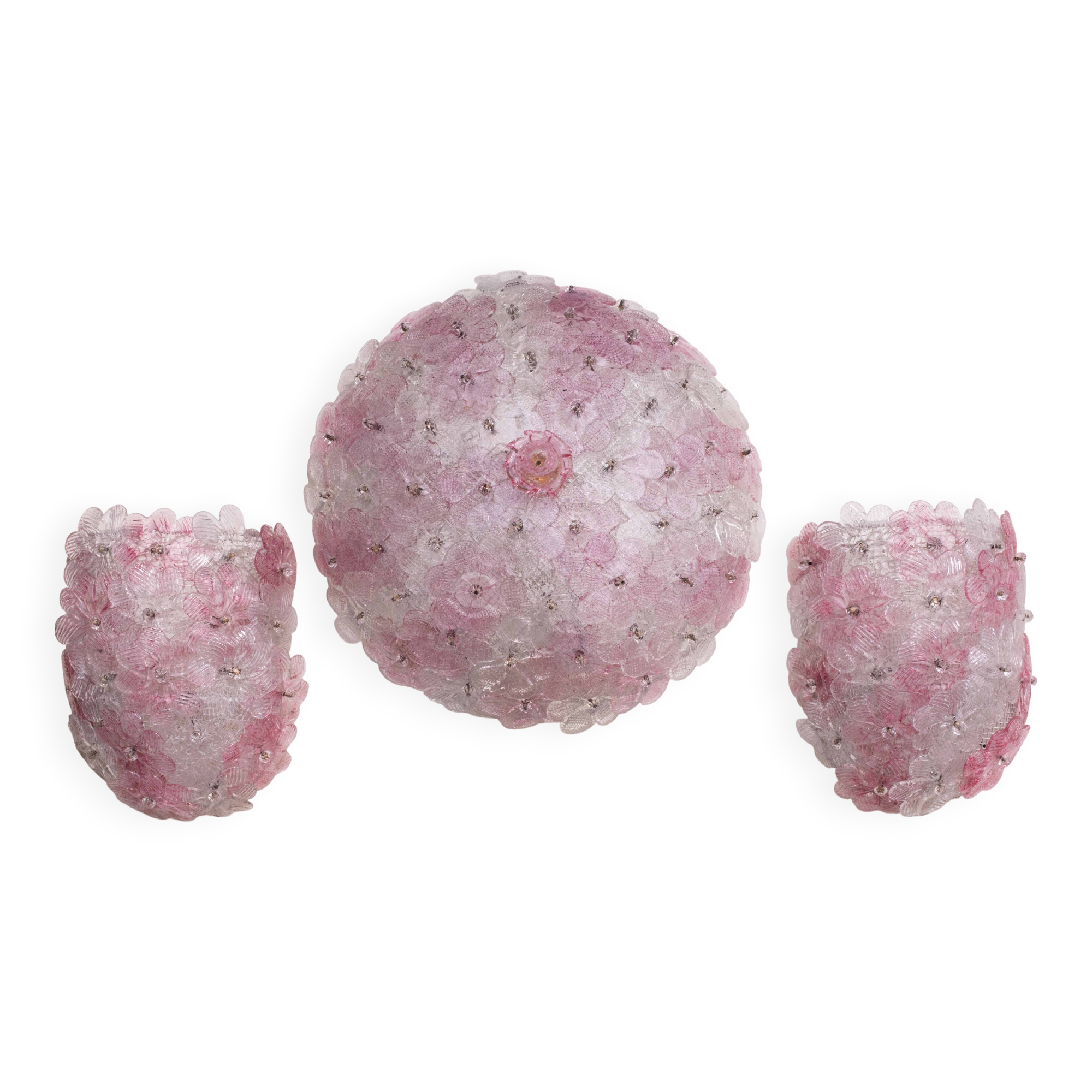 Set of Murano Ceiling Light and 2 Murano Wall Light Pink Flower by Seguso