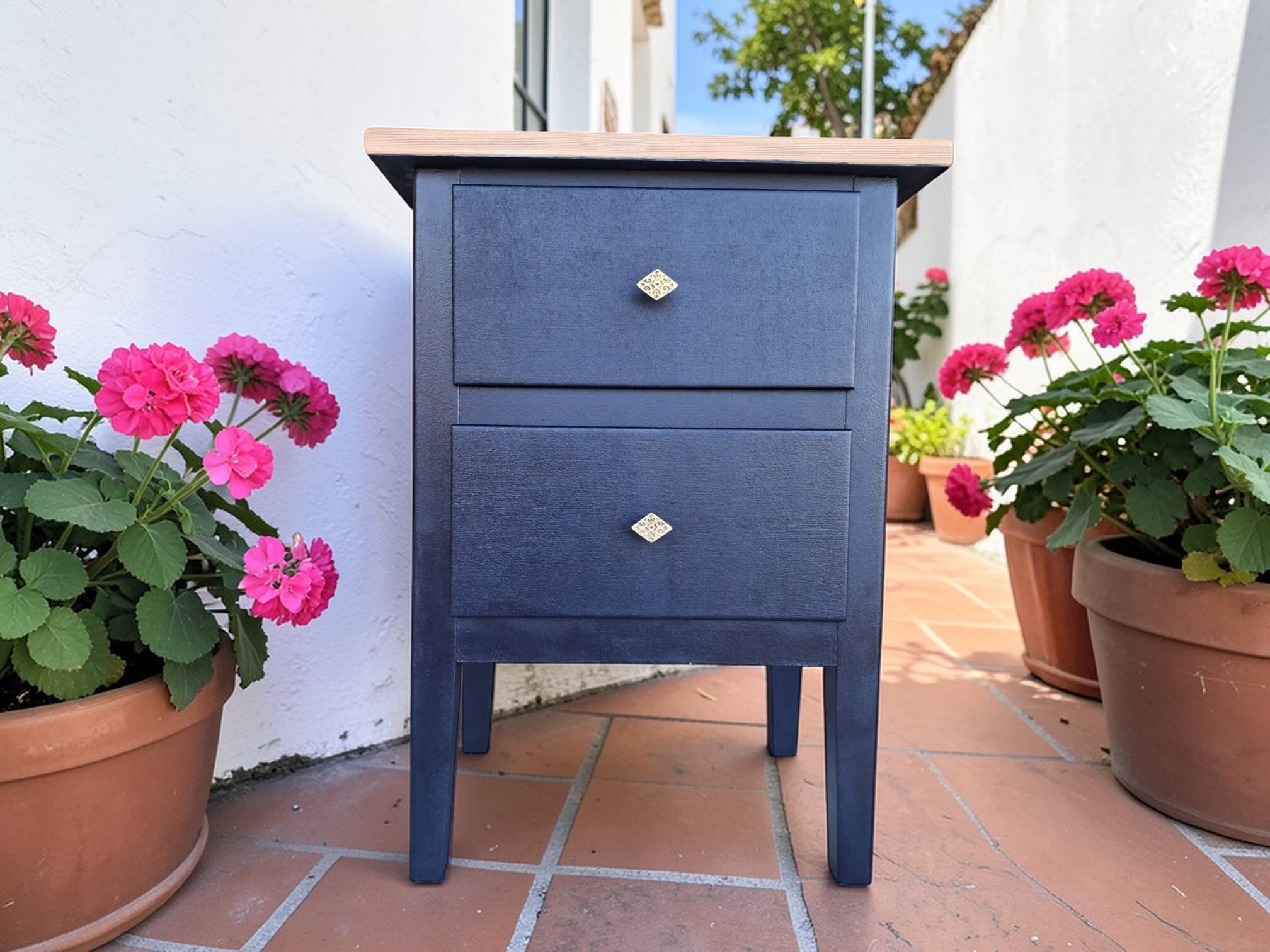 Tables de chevet MCM vintage – Bleu foncé, tiroirs et poignées laiton