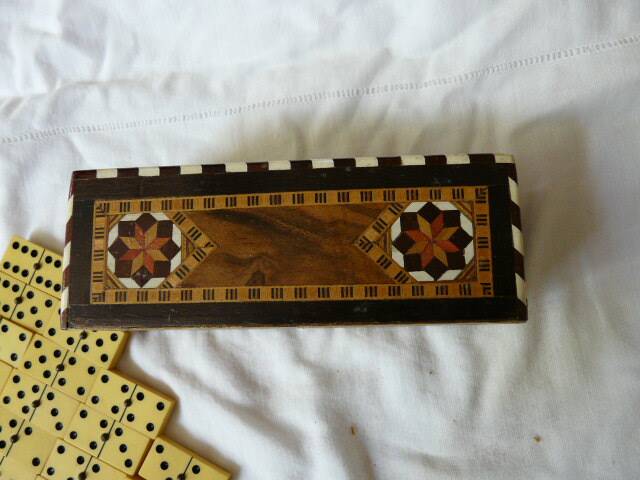 Antique Box of 28 Dominoes in Vintage Syrian Marquetry
