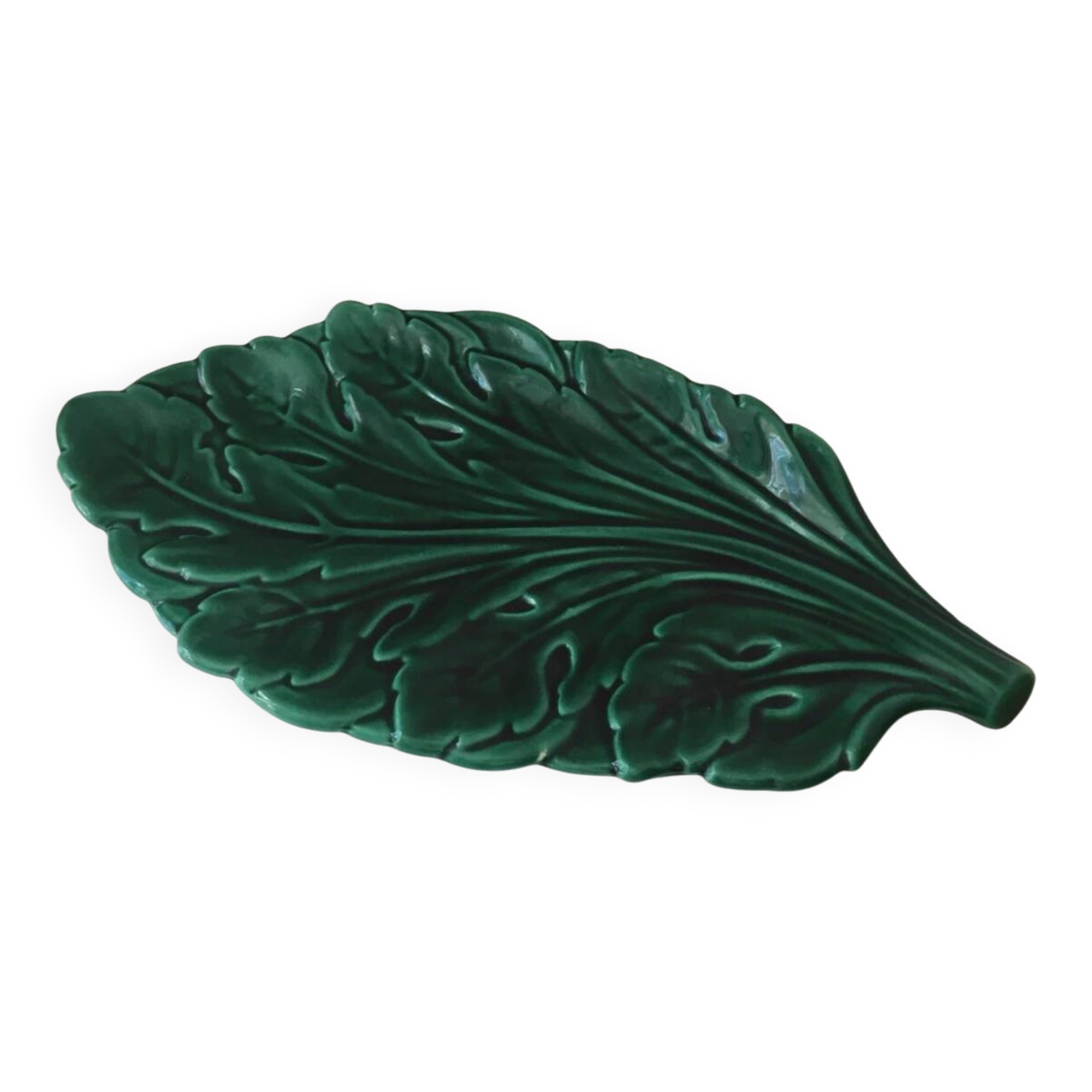 Large Vintage Green Leaf Earthenware Tray