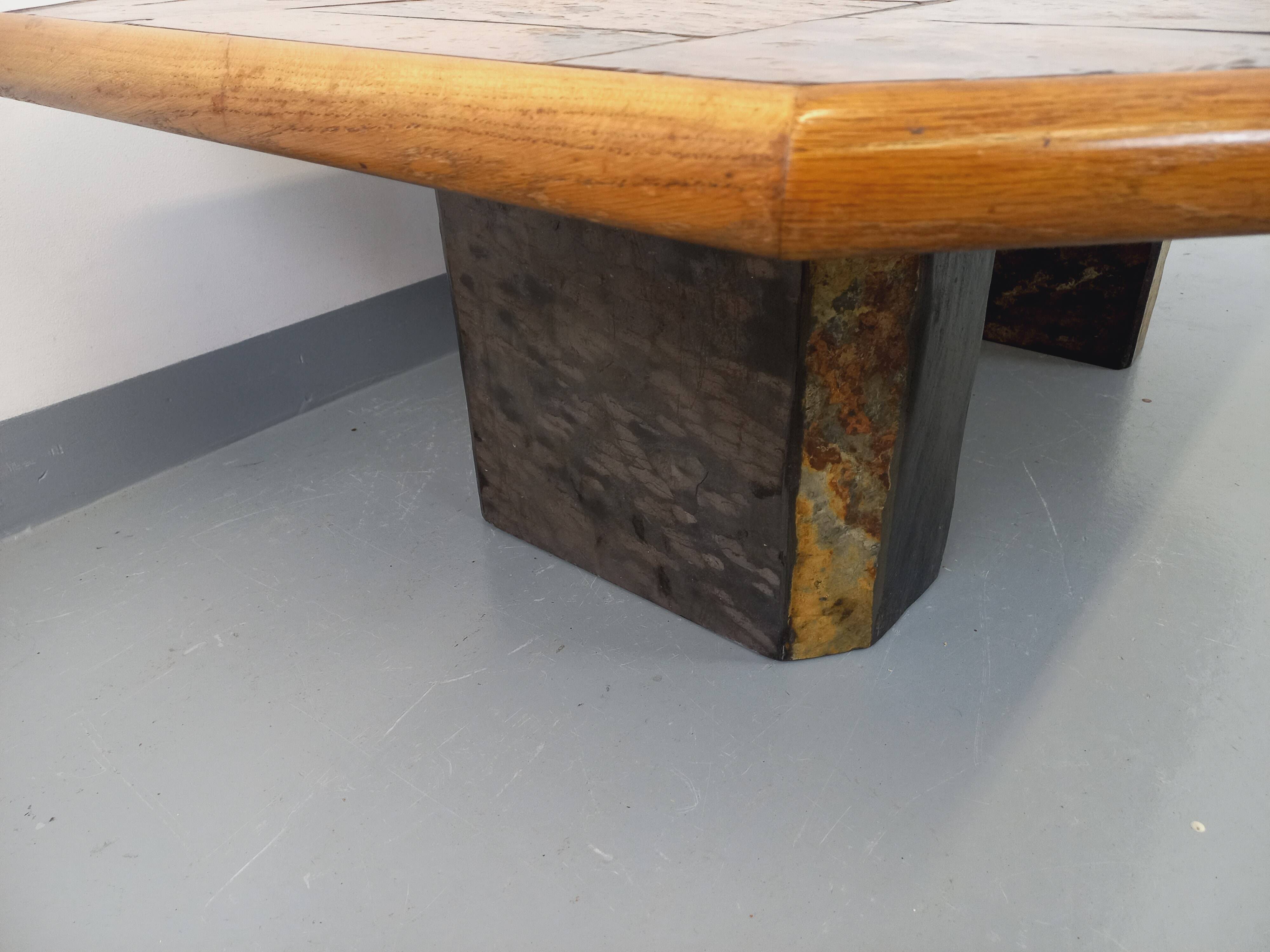 Vintage Brutalist Stone and Oak Coffee Table from the 70s 80s