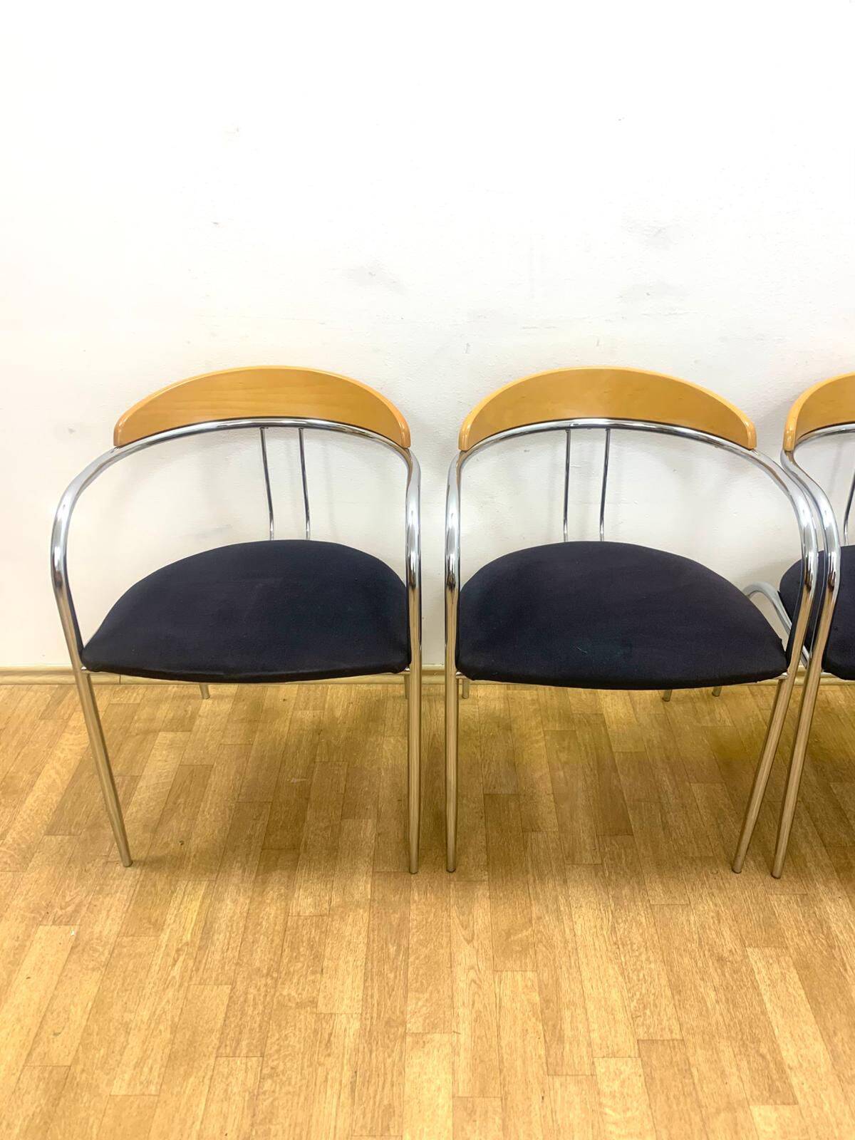 Set of 4 Chrome and Wood Chairs, Italy, 1980s
