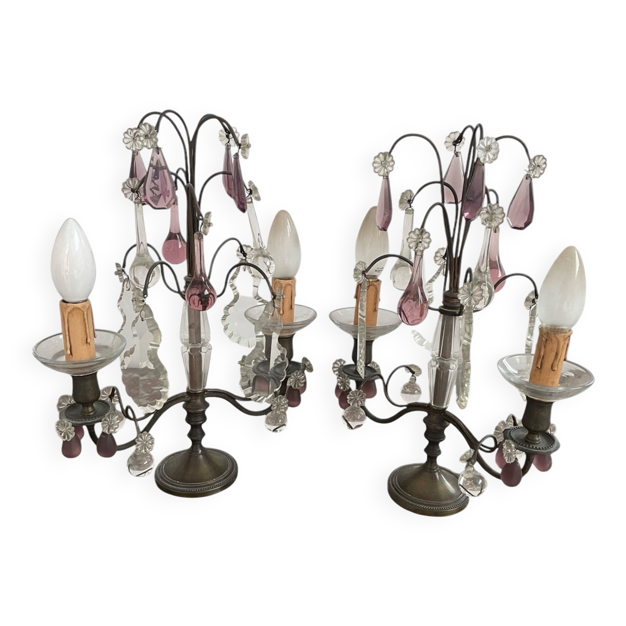 pair of chandeliers, lamp, silver-plated metal, crystal, tassels, florets, pendant, rosettes