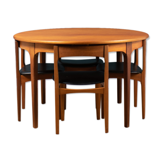 Retro teak 1960s round nathan dining table & space saving 4 chairs