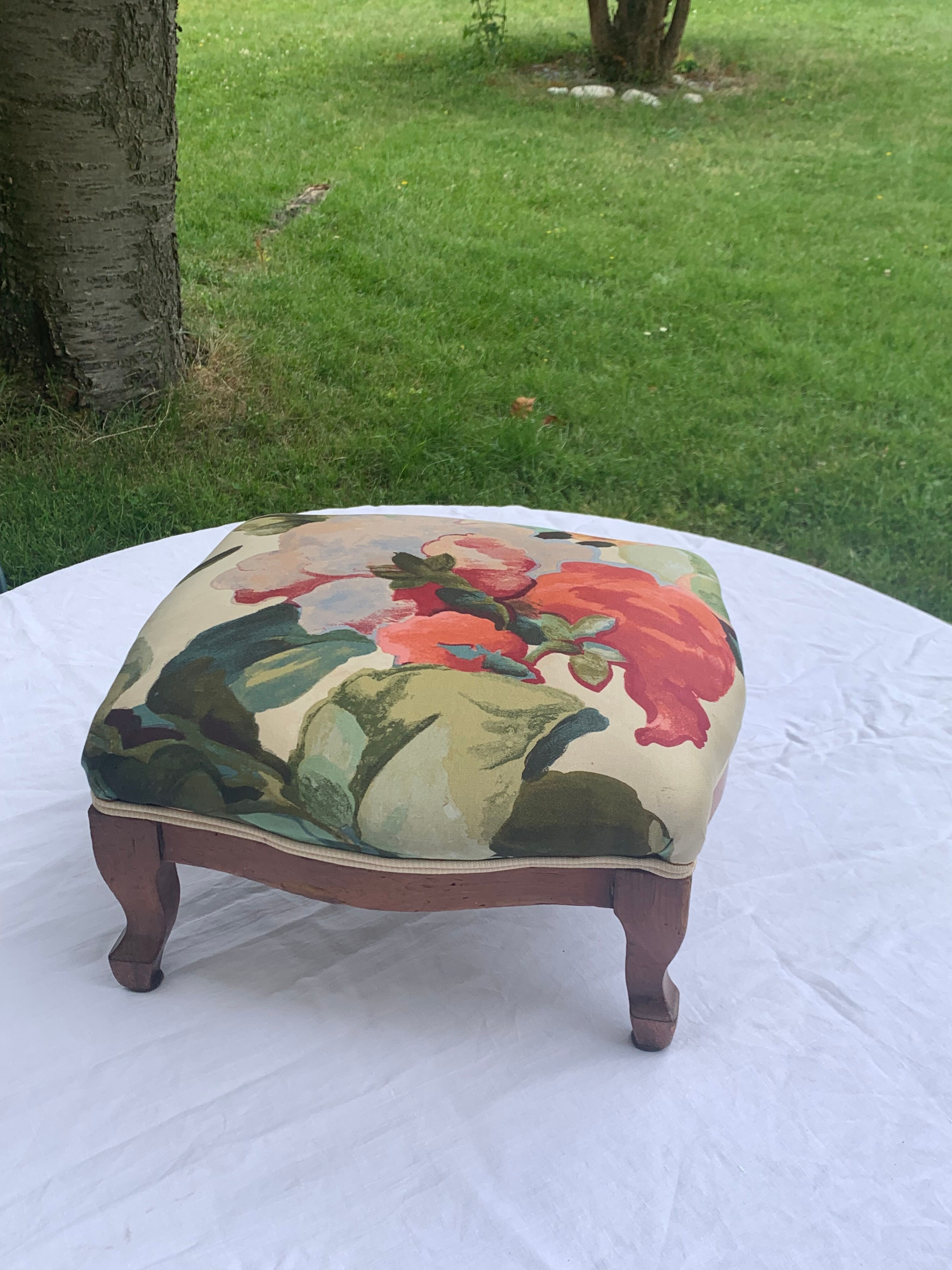 Footrest, wooden and antique floral fabrics