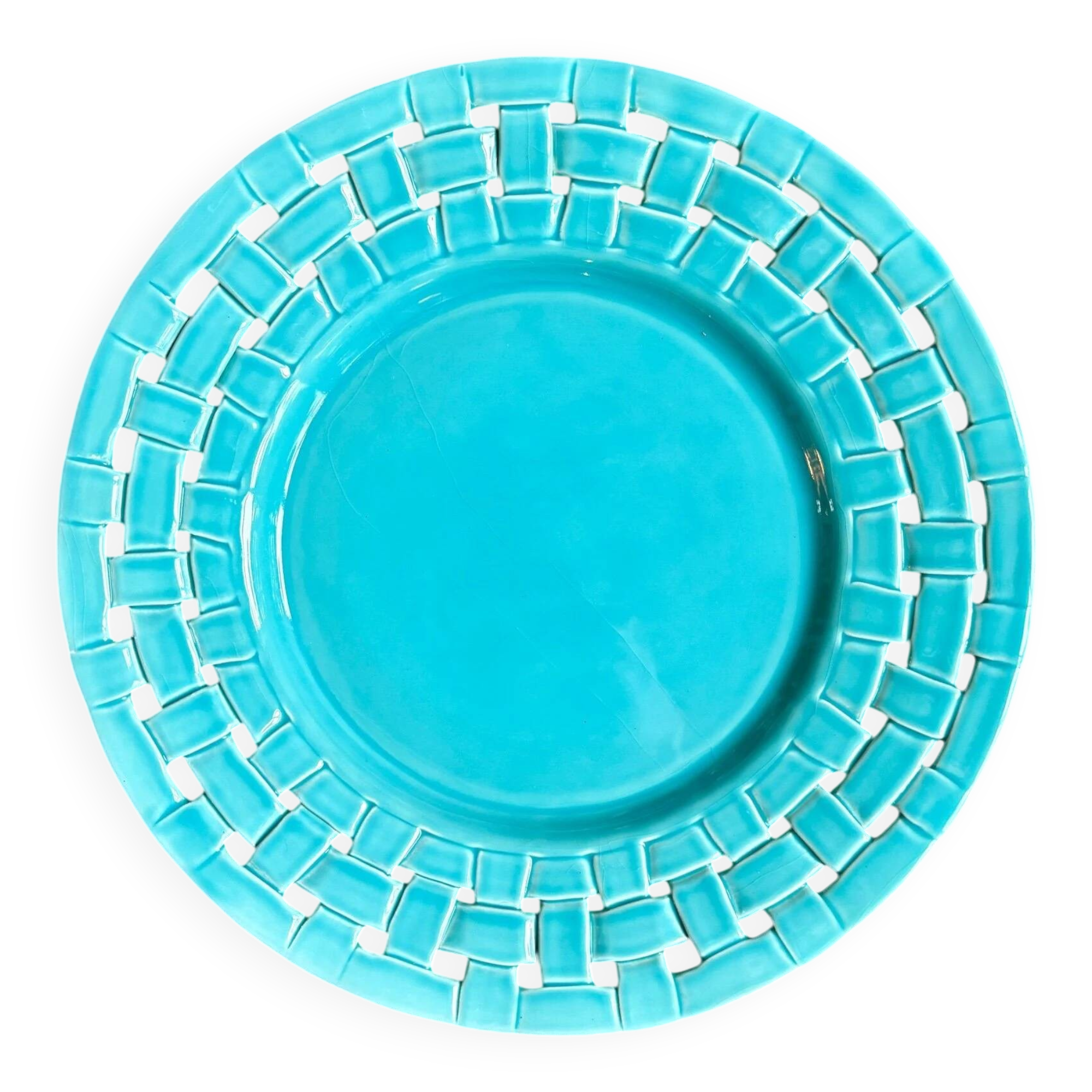 Serving plate, turquoise woven ceramic dish