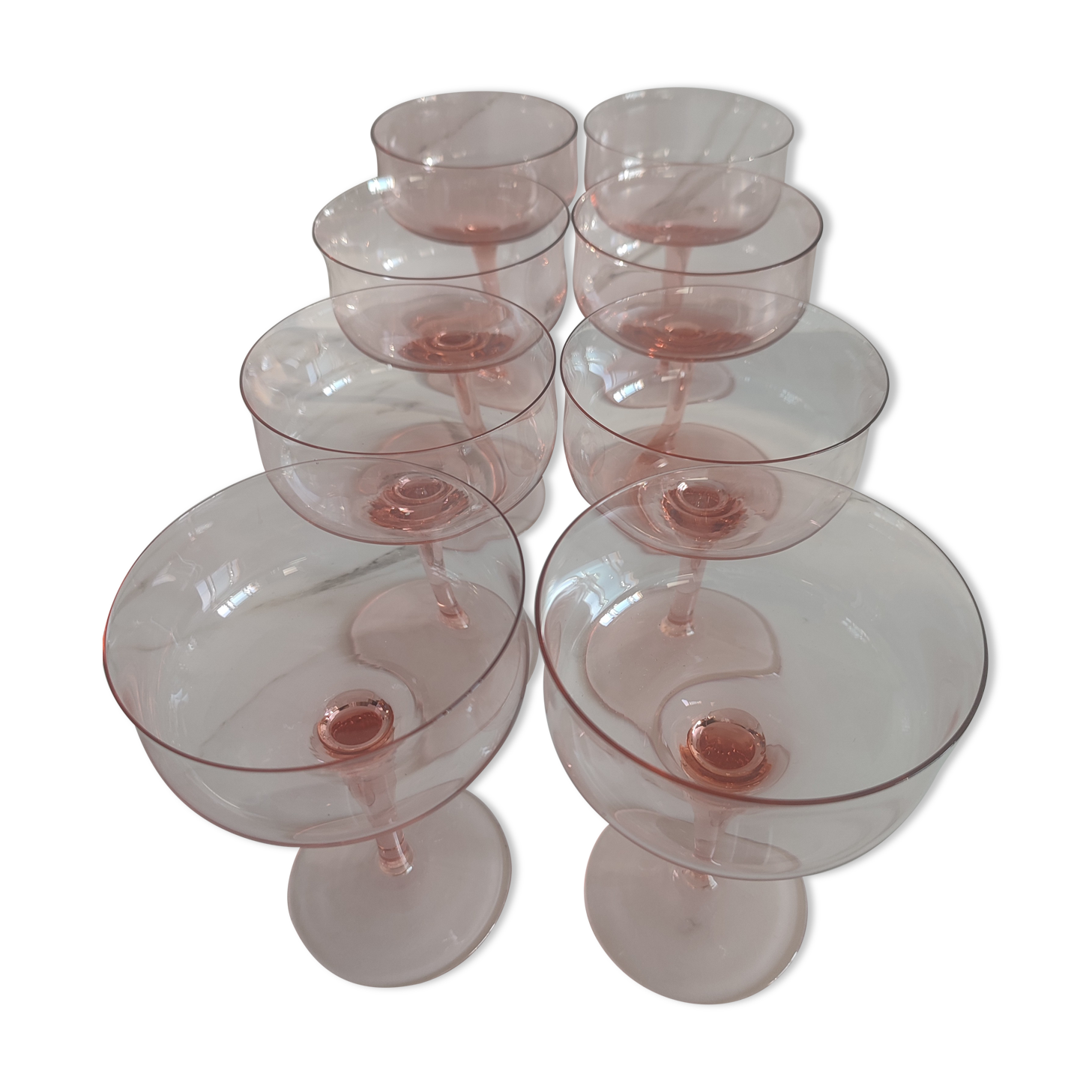 8 vintage pink crystal champagne glasses
