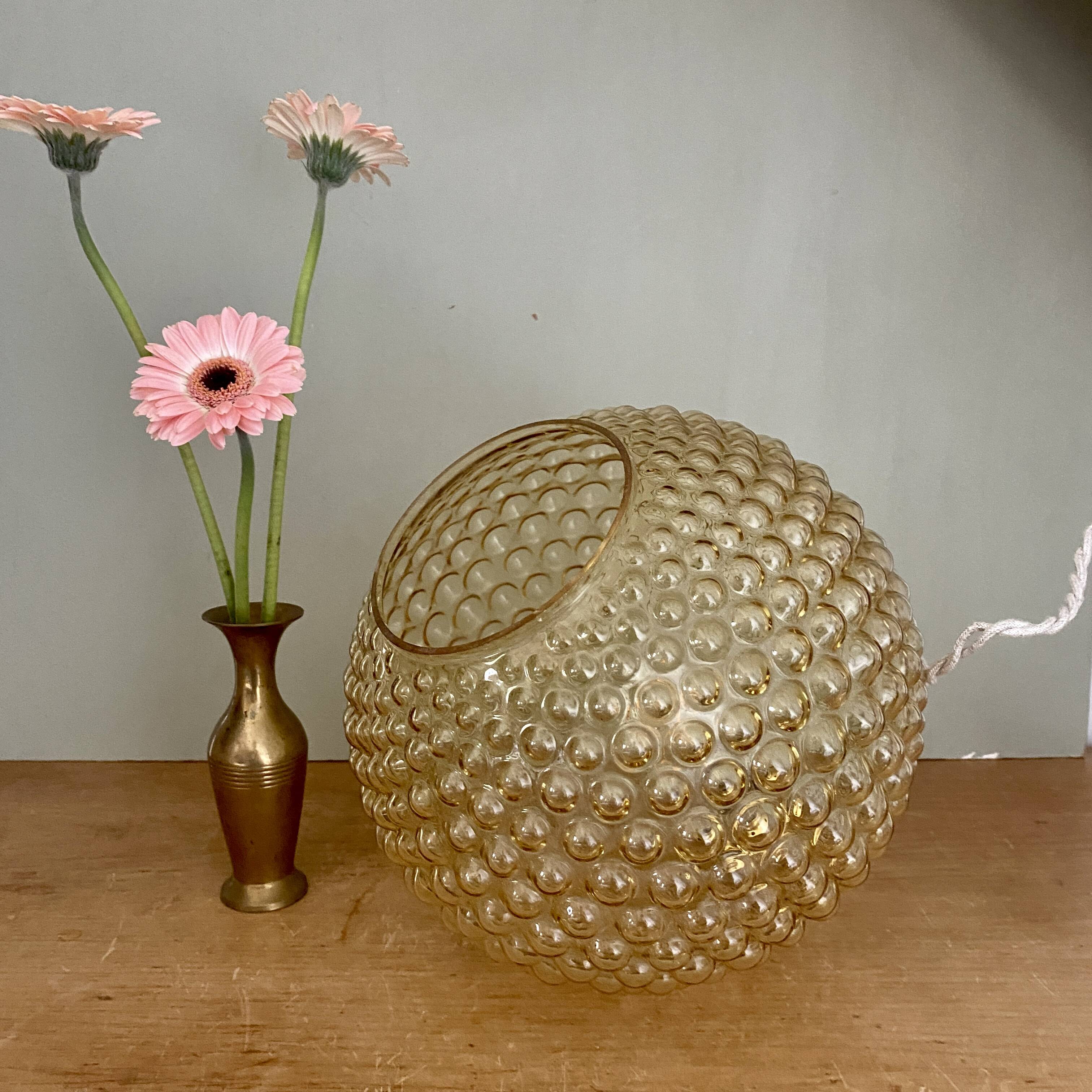 XXL vintage bubbled amber glass globe pendant light