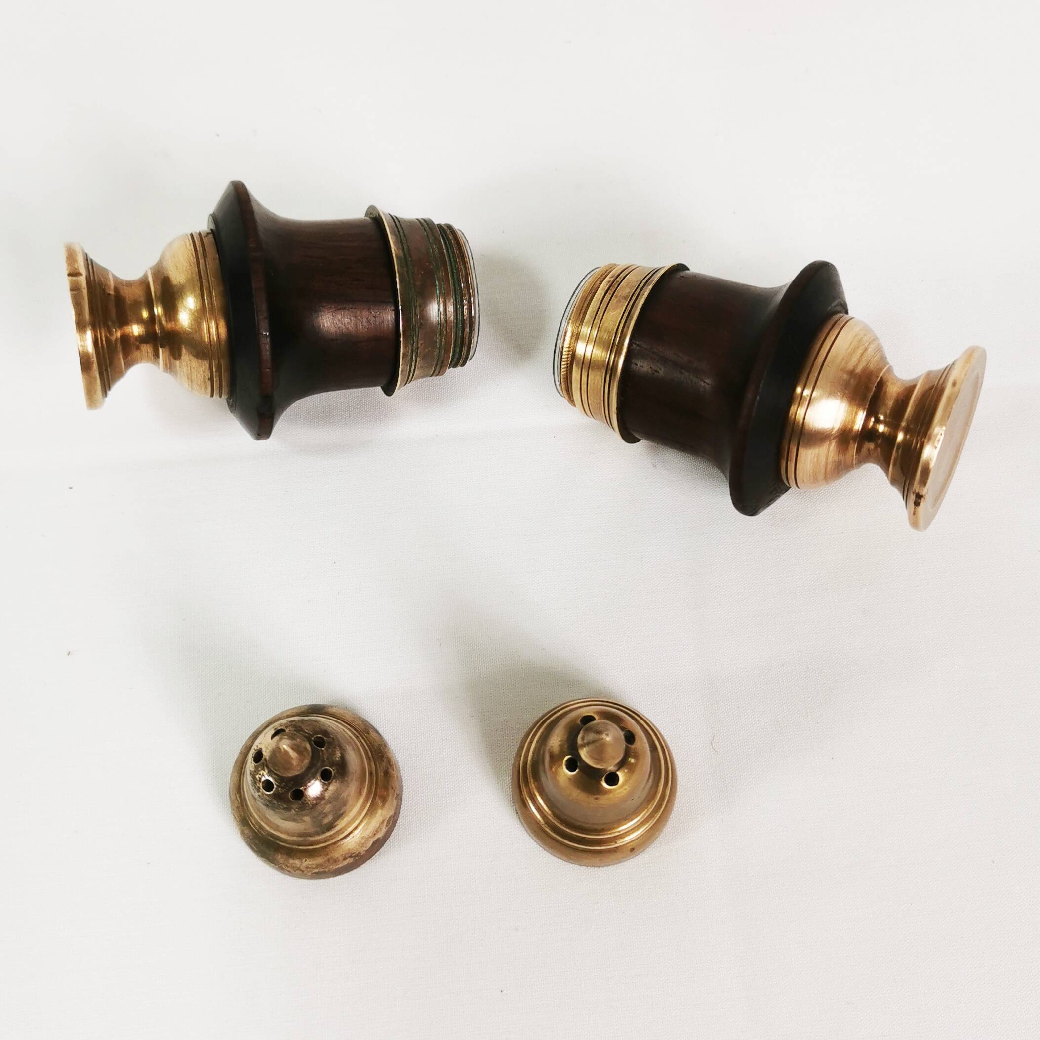 Brass and rosewood spice set, Denmark, 1950s