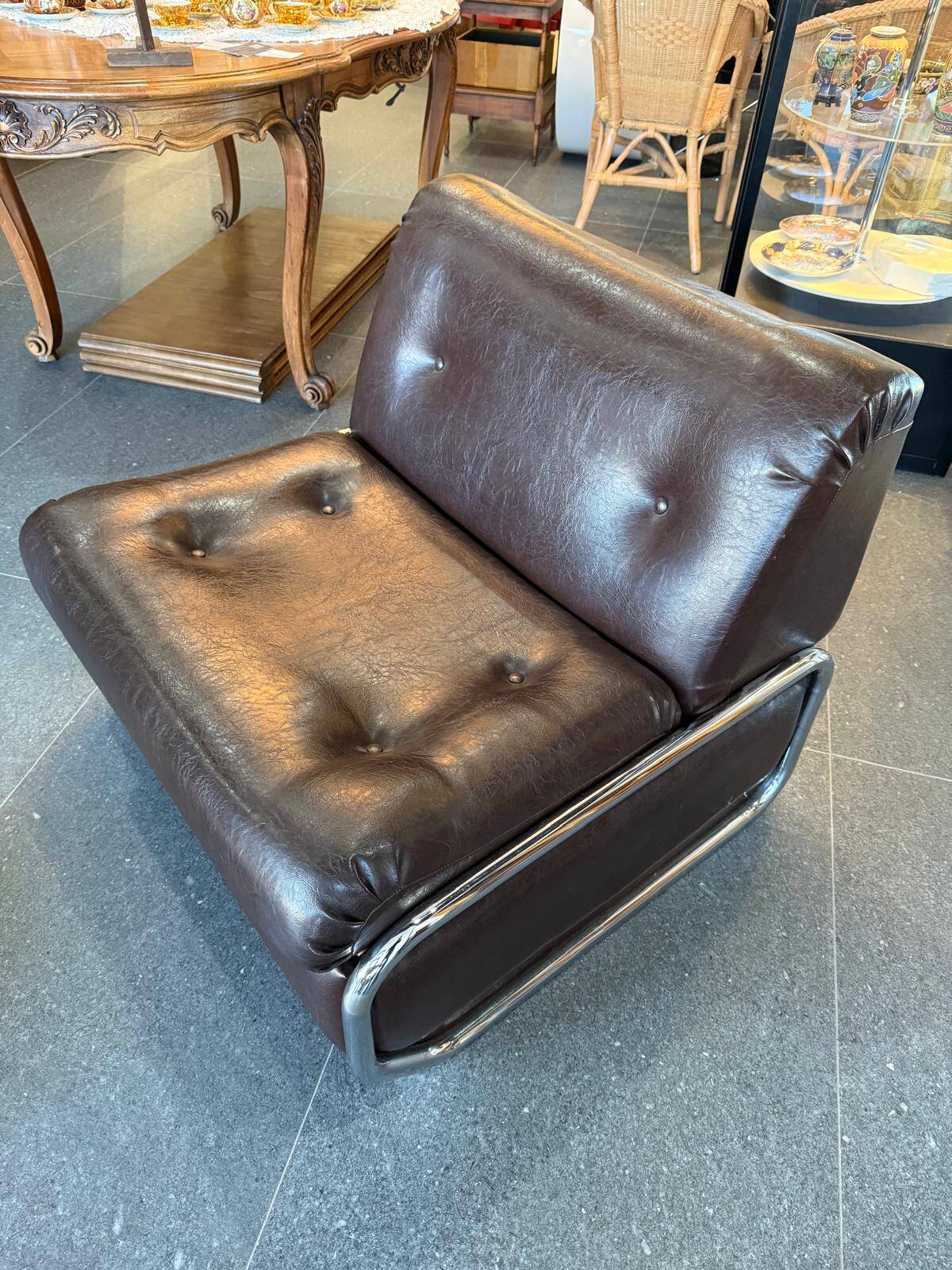 Beka-france convertible armchair in brown leather – chrome structure – 1970s
