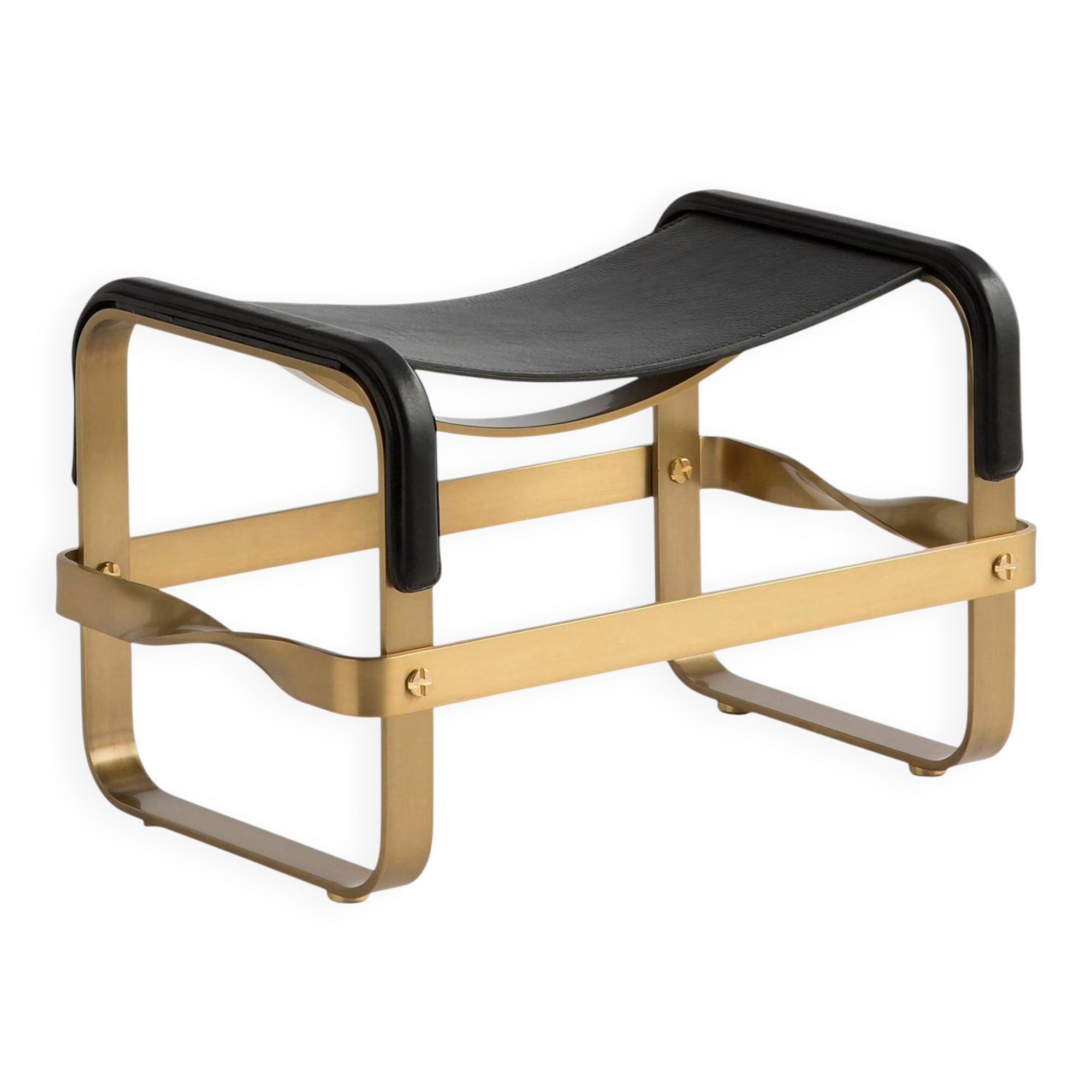 Footrest in aged brass and black leather, modern style, wanderlust