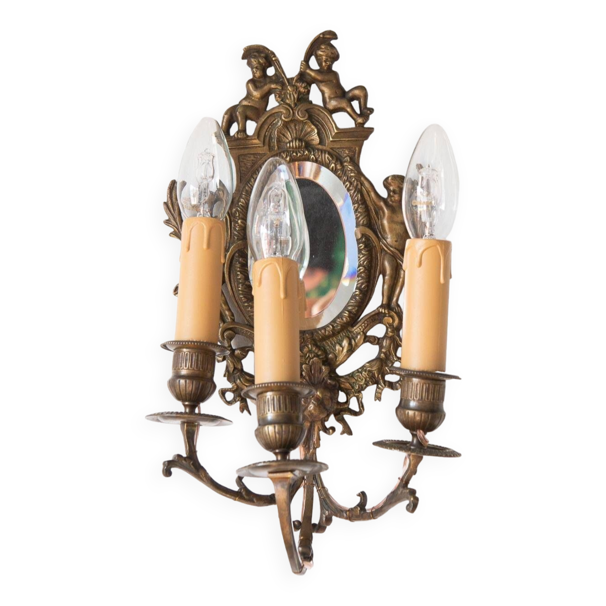 Pair of old French wall lights with beveled mirror and putti