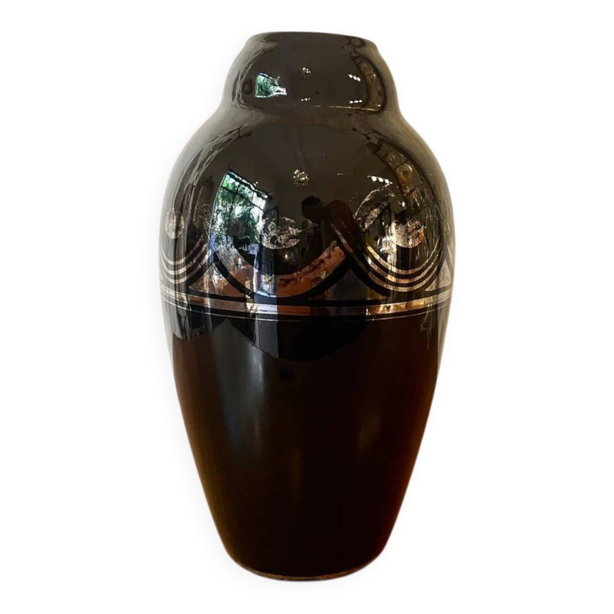 Large black and silver art deco vase