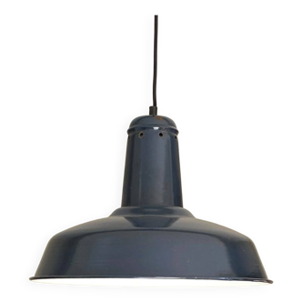 Large old pendant light in midnight blue enameled sheet metal with industrial bowl shade