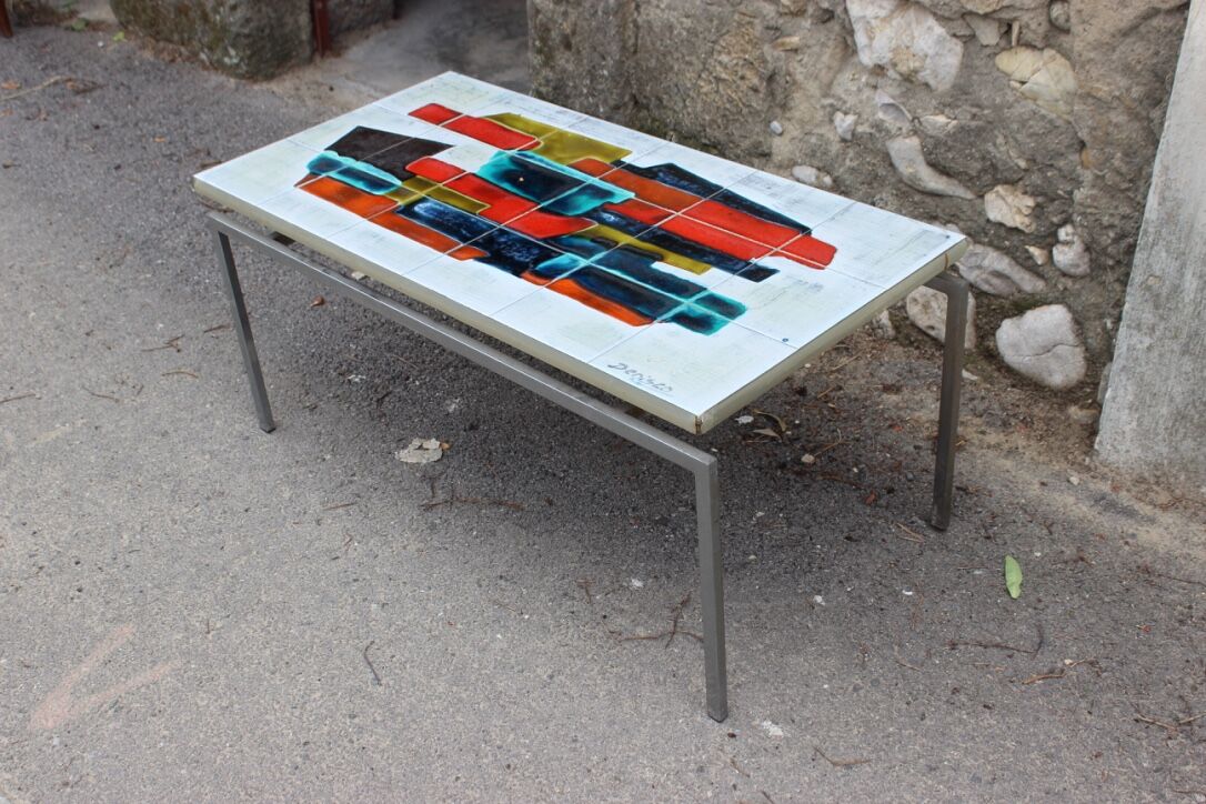 Vintage chrome coffee table and ceramic abstract drawing by Denisco, Belgium, 1970s