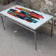 Vintage chrome coffee table and ceramic abstract drawing by Denisco, Belgium, 1970s