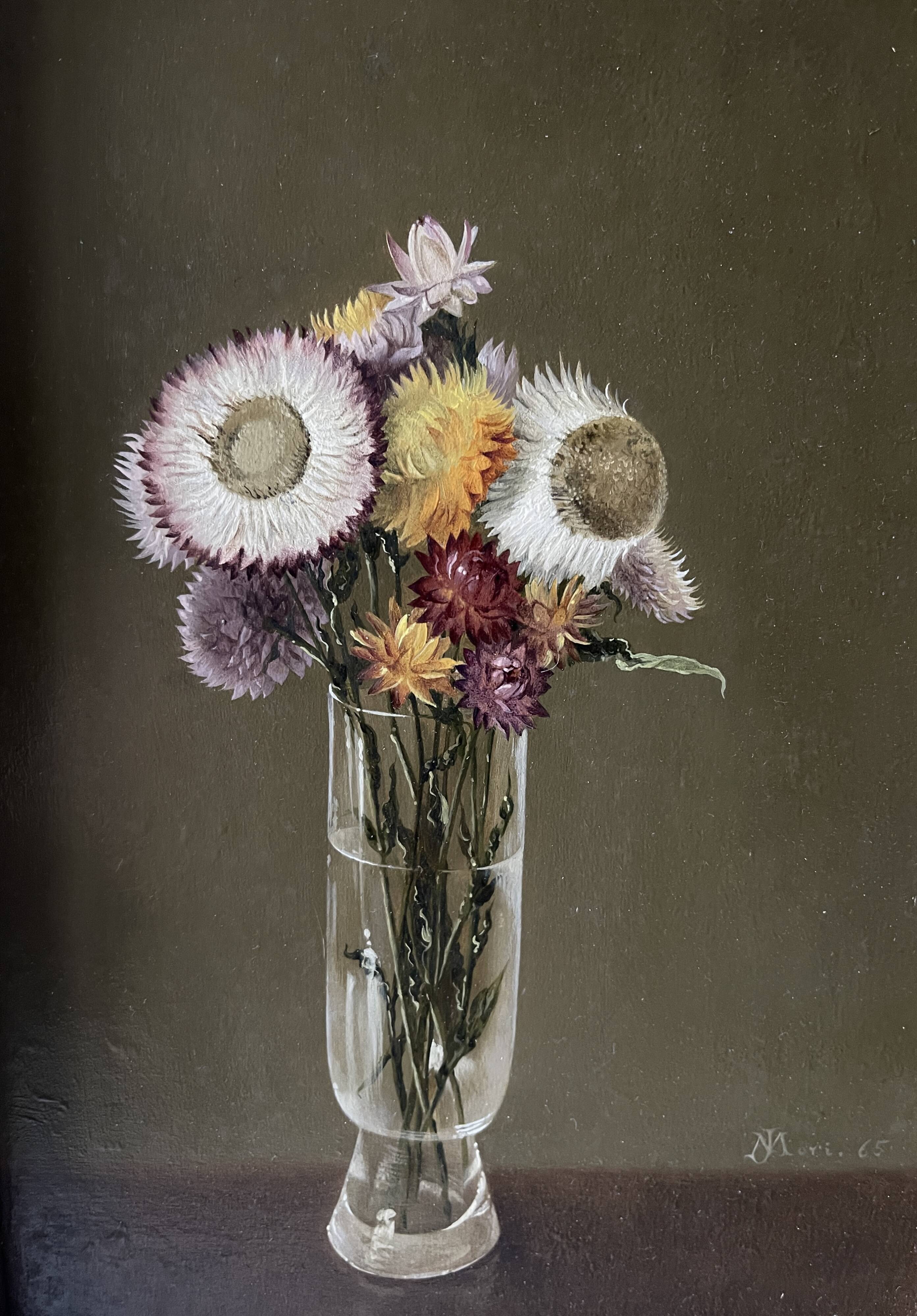 Still life oil on panel vase with immortelles