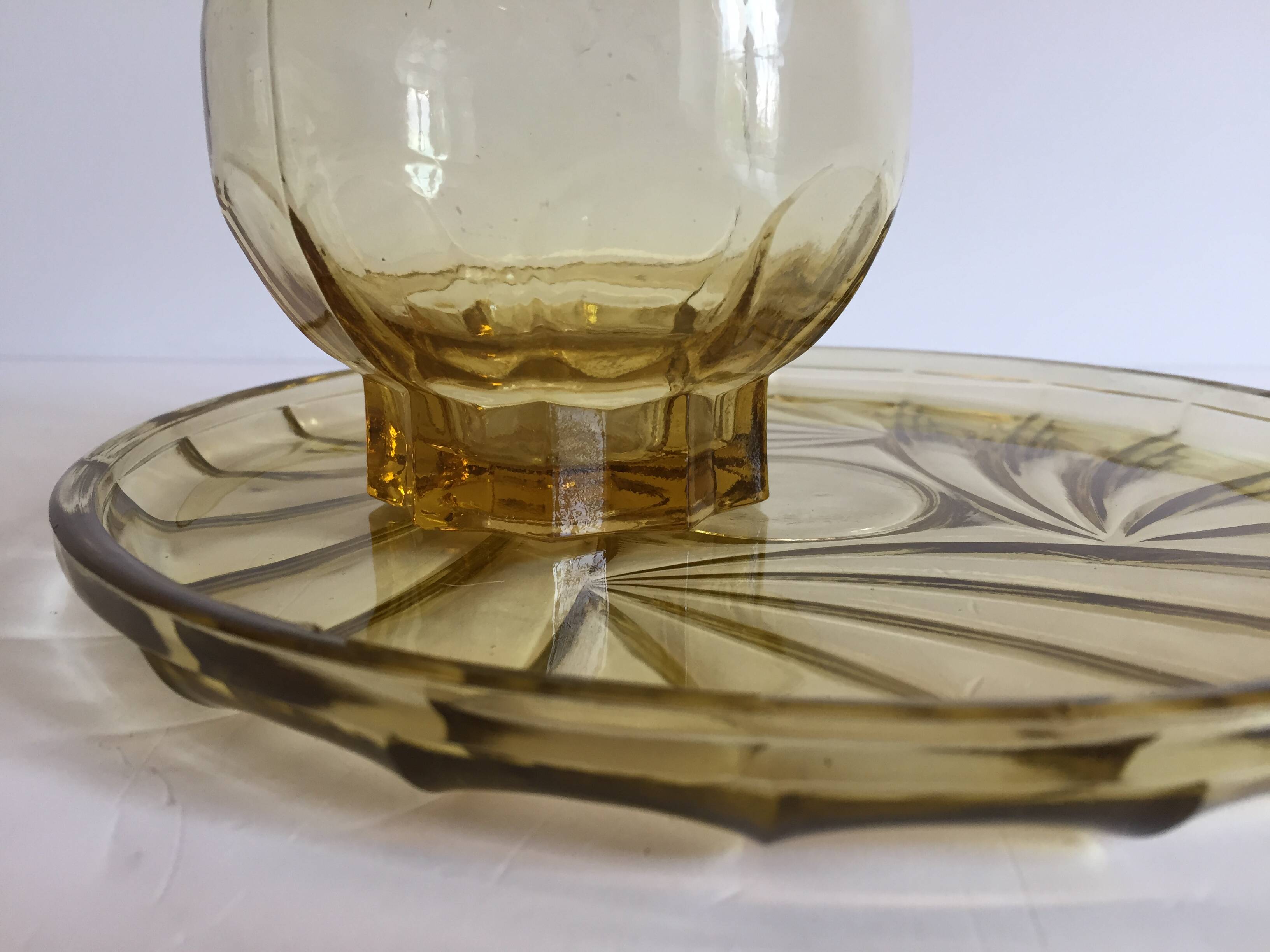 ART DECO Tray and Carafe Amber Yellow Glass